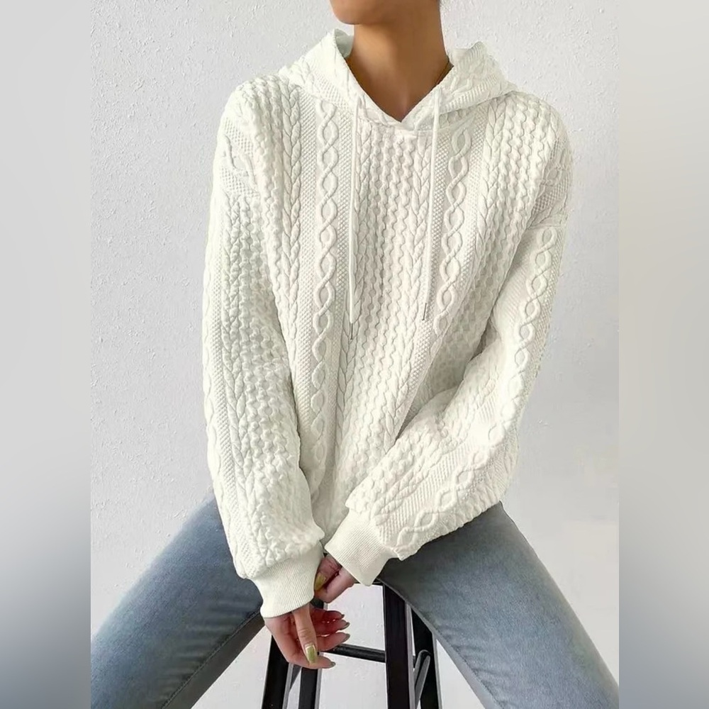 Kensie Cream and Blue Cable Knit Sweater V-Neck Relaxed Fit